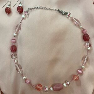 Pale, pink beaded necklace & earrings set